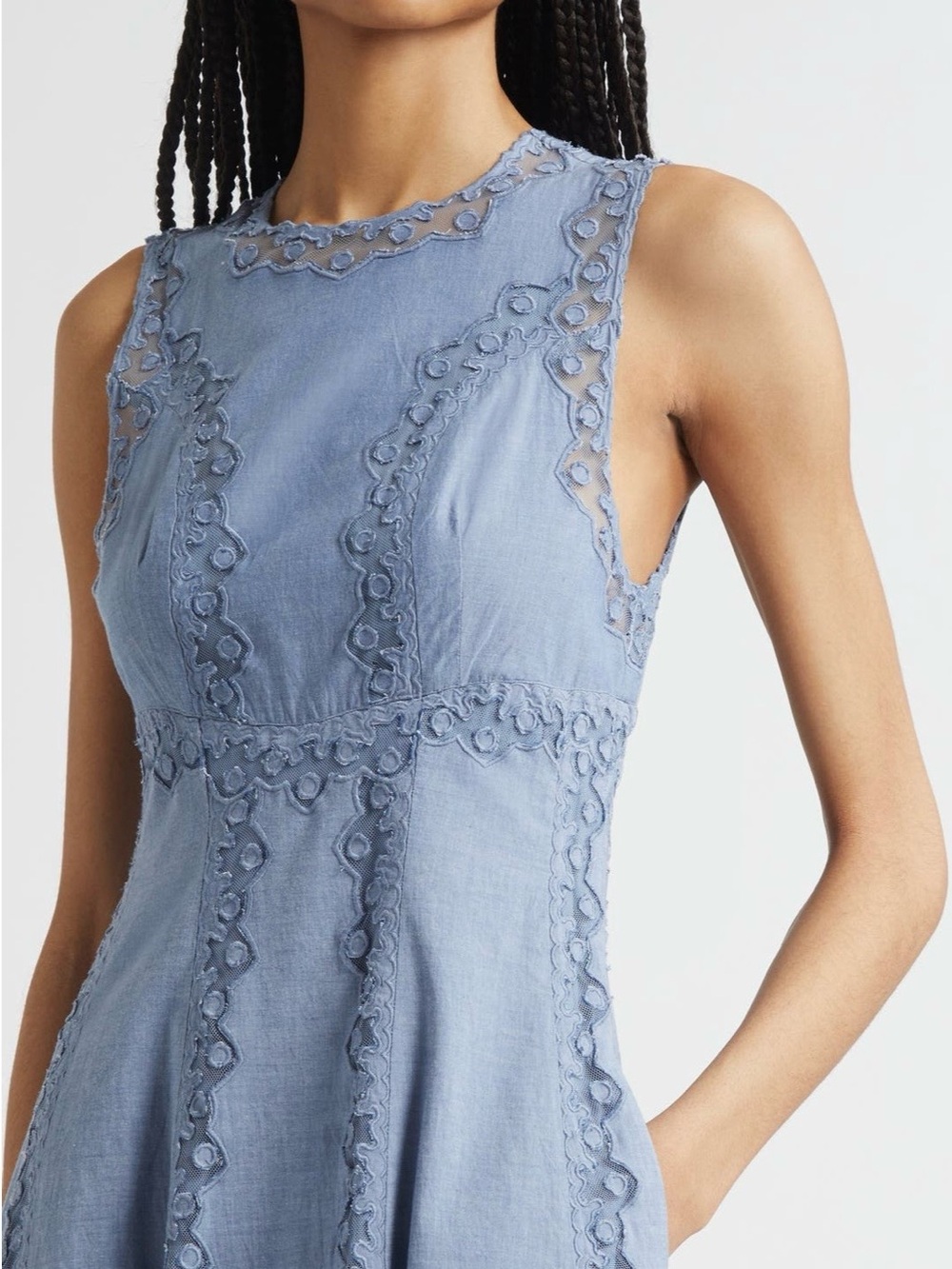Ulla Johnson Anela Chambray Sleeveless Midi Dress with Lace Insets - Picture 4 of 7